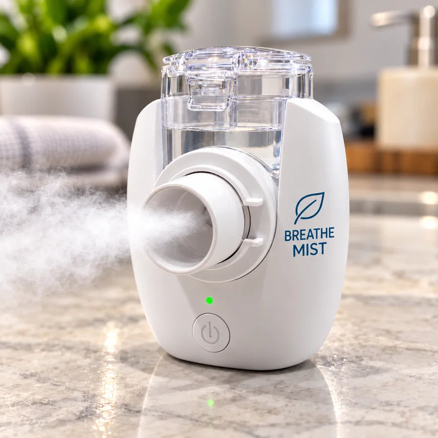 Nebulizer producing mist on a bathroom counter