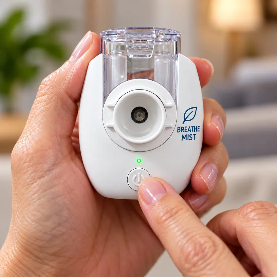 Finger pressing the nebulizer power button