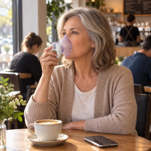 Woman using a portable nebulizer in a cafe