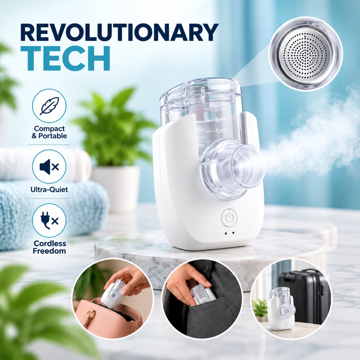 Compact portable nebulizer with mesh technology, quiet operation, and cordless design